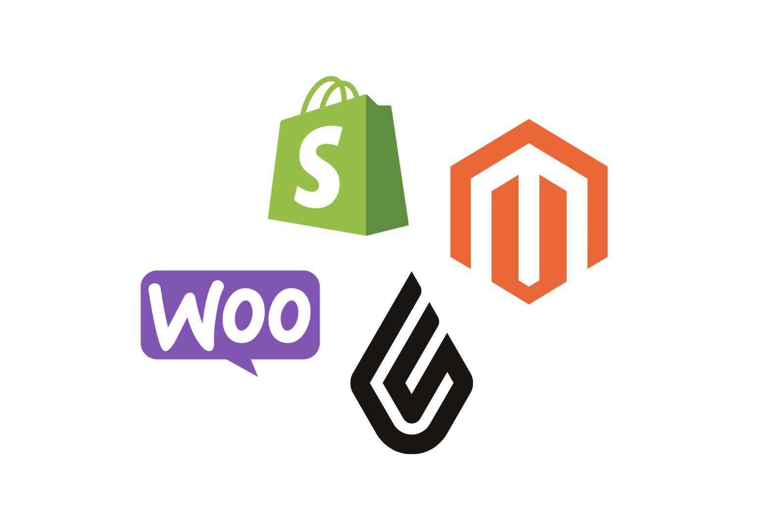 Colored logos of Shopify, Magneto, Lightyear and Woocommerce